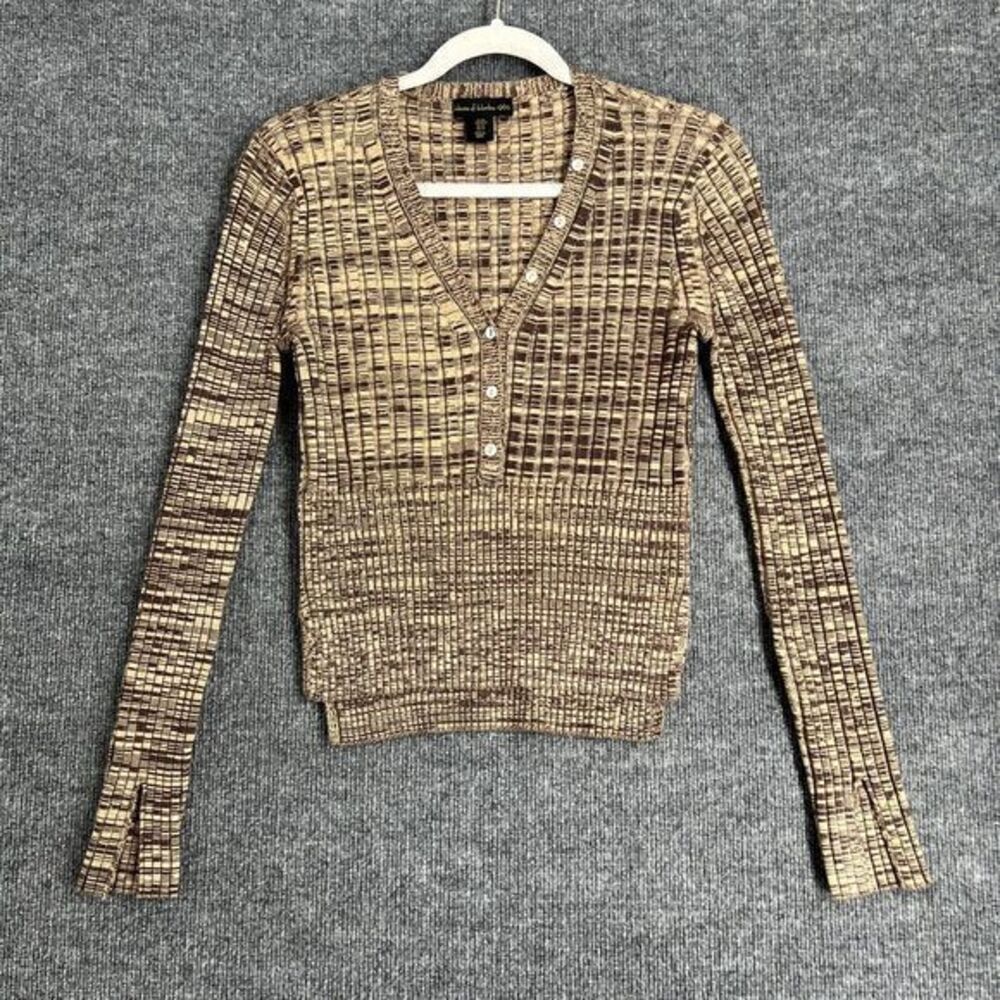 House of Harlow Womens Rib Knit Henley Sweater Size M Brown Space Dye Fitted EUC